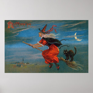 Hexe fliegt mit schwarzer Katze in der Halloween-N Poster