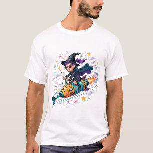 Hexe fliegt mit Staubsauger Lustige Halloween-Kuns T-Shirt
