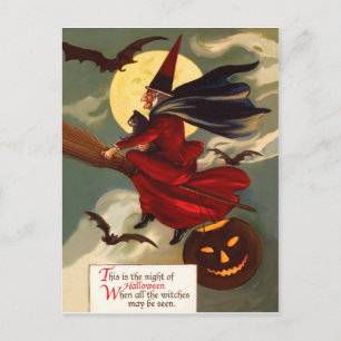 Hexe fliegt zu Halloween in ihrem Besen Postkarte