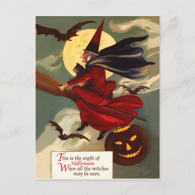 Hexe fliegt zu Halloween in ihrem Besen Postkarte (Vorderseite)