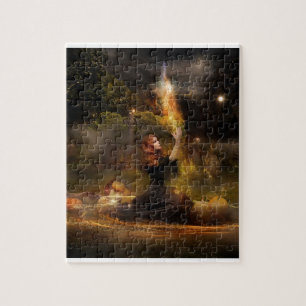 Hexe führt magischen Kreis-Zauber durch Puzzle