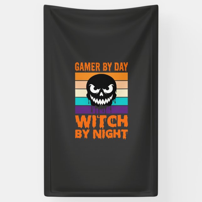 Hexe-Gamer Halloween Retro-Totenkopf Banner (Vertikal)