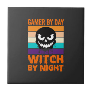 Hexe-Gamer Halloween Retro-Totenkopf Fliese
