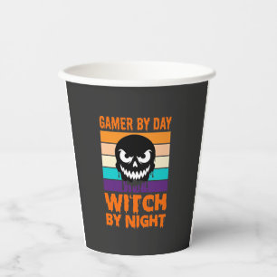 Hexe-Gamer Halloween Retro-Totenkopf Pappbecher