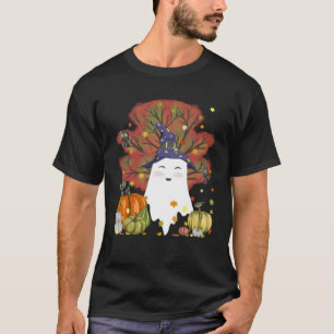 Hexe Ghost Cat Pumpkin Kaffee Lover Herbstlaub H T-Shirt
