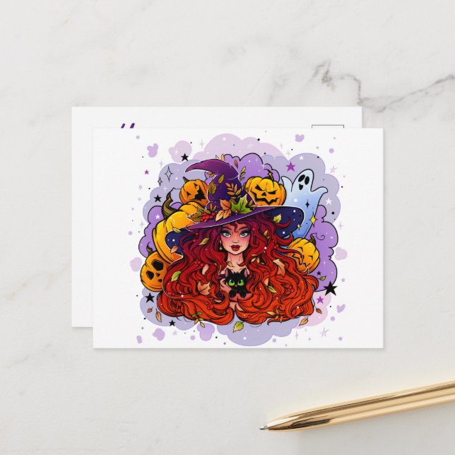 Hexe Ghost und Pumpkins Postkarte (Vorderseite/Rückseite Beispiel)