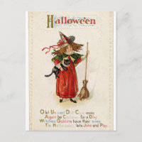 Hexe Girl Cat Halloween Rhyme Postcard