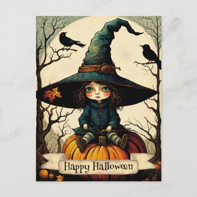 Hexe Girl Pumpkin Happy Halloween Postkarte (Vorderseite)