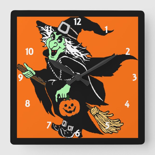 Hexe-Halloween-Cartoon-Wall-Uhr Quadratische Wanduhr (Vorderseite)