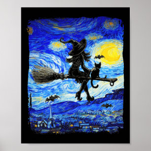 Hexe Halloween Starry Night Van Gogh Aesthetic Pa Poster