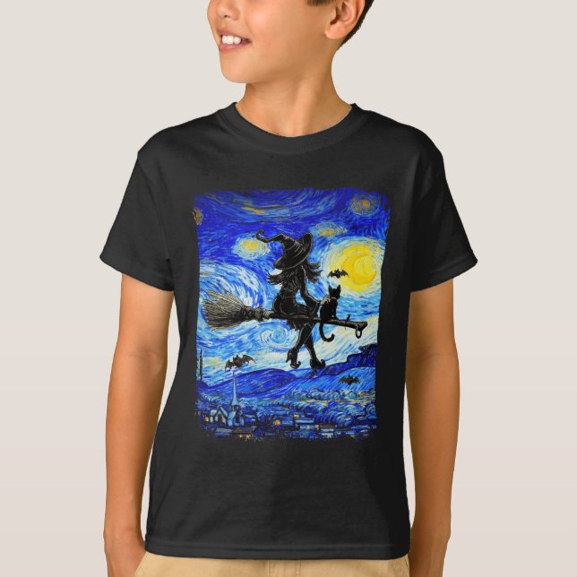 Hexe Halloween Starry Night Van Gogh Aesthetic Pa T-Shirt (Vorderseite)