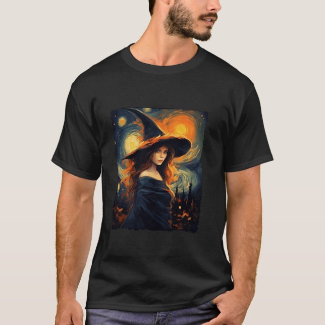 Hexe Halloween Starry Night Van Gogh Aesthetic Pa T-Shirt (Vorderseite)