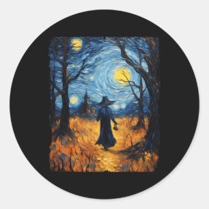 Hexe Halloween Starry Night Van Gogh Kostümkunst Runder Aufkleber