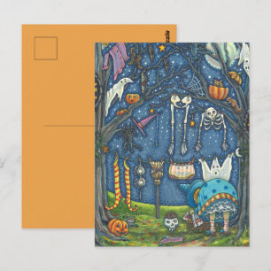 HEXE HÄNGT SCHWARZE KATZE, GEIST, SKELETT WÄSCHE POSTKARTE