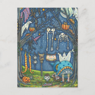HEXE HÄNGT SCHWARZE KATZE, GEIST, SKELETT WÄSCHE POSTKARTE