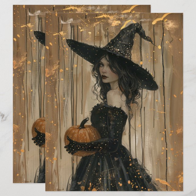 Hexe Holding a Pumpkin Scrapbook Paper (Vorne/Hinten)