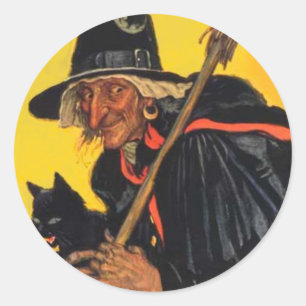Hexe im Vintage-Stil mit schwarzer Katze Runder Aufkleber