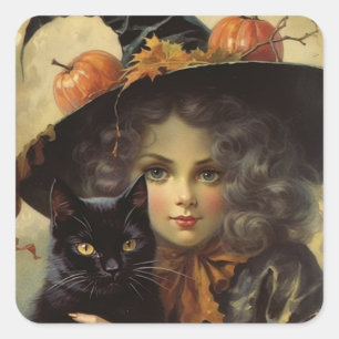 Hexe im Vintage-Stil und Halloween mit schwarzer K Quadratischer Aufkleber
