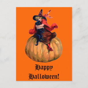 Hexe im Vintage-Stil und schwarze Katze Halloween- Feiertagspostkarte