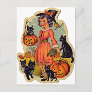 Hexe im Vintage-Stil und schwarze Katzen Halloween Postkarte
