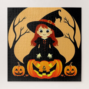 Hexe in Halloween-Kulisse mit Kürbissen Puzzle