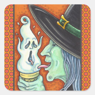 HEXE ISST SCHREIENDE EIS-AM-STIEL, HALLOWEEN QUADRATISCHER AUFKLEBER