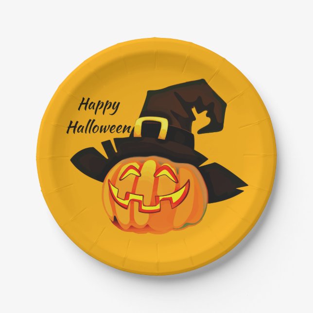 Hexe Jack O'Lantern Happy Halloween Party Pappteller (Vorderseite)