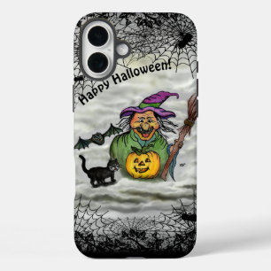 Hexe, Katze, Bat und Kürbis, glückliches Halloween iPhone 16 Plus Hülle