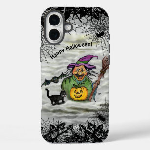 Hexe, Katze, Bat und Kürbis, glückliches Halloween iPhone 16 Plus Hülle