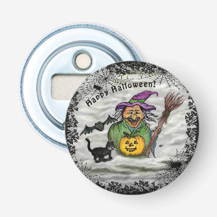 Hexe, Katze, Bat und Kürbis, glückliches Halloween Flaschenöffner