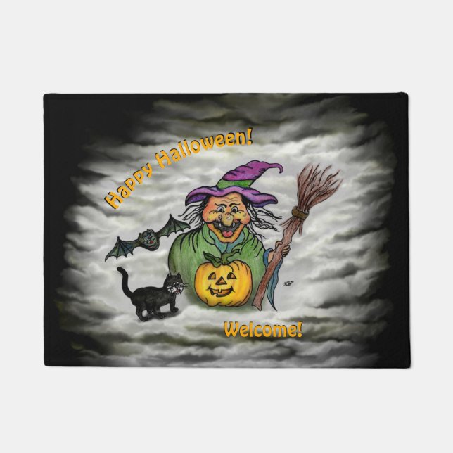 Hexe, Katze, Bat und Kürbis, glückliches Halloween Fußmatte (Vorderseite)