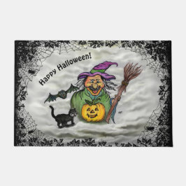 Hexe, Katze, Bat und Kürbis, glückliches Halloween Fußmatte
