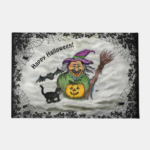Hexe, Katze, Bat und Kürbis, glückliches Halloween Fußmatte