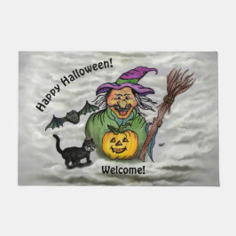 Hexe, Katze, Bat und Kürbis, glückliches Halloween Fußmatte