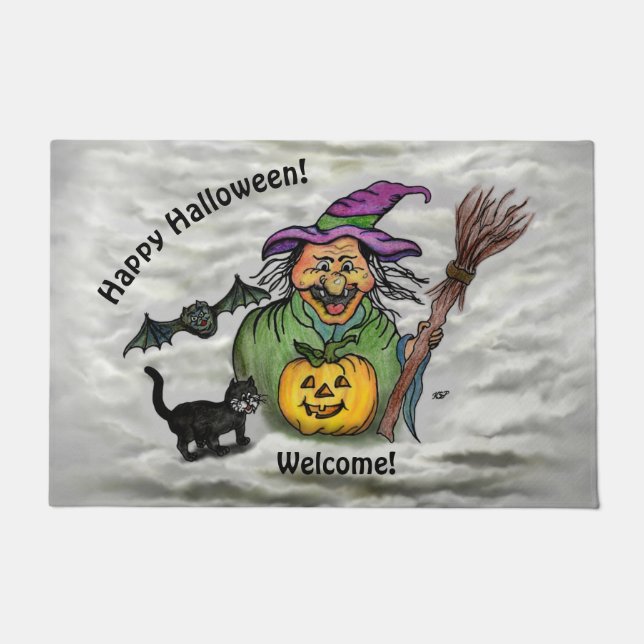 Hexe, Katze, Bat und Kürbis, glückliches Halloween Fußmatte (Vorderseite)