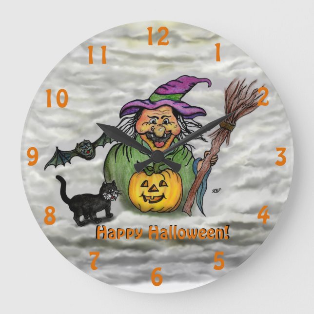Hexe, Katze, Bat und Kürbis, glückliches Halloween Große Wanduhr (Vorderseite)