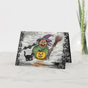 Hexe, Katze, Bat und Kürbis, glückliches Halloween Karte