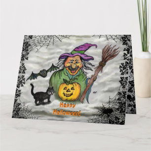 Hexe, Katze, Bat und Kürbis, glückliches Halloween Karte