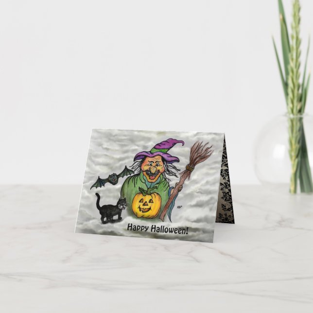 Hexe, Katze, Bat und Kürbis, glückliches Halloween Karte (Vorderseite)