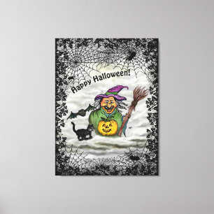 Hexe, Katze, Bat und Kürbis, glückliches Halloween Leinwanddruck