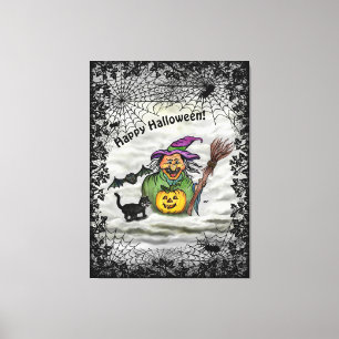 Hexe, Katze, Bat und Kürbis, glückliches Halloween Leinwanddruck