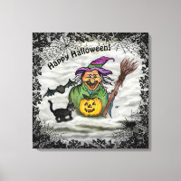 Hexe, Katze, Bat und Kürbis, glückliches Halloween