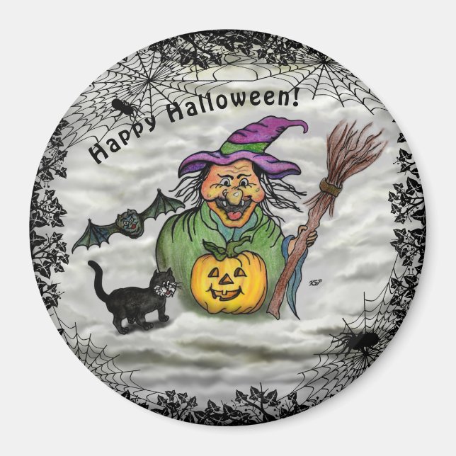 Hexe, Katze, Bat und Kürbis, glückliches Halloween Magnet (Vorne)