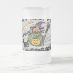 Hexe, Katze, Bat und Kürbis, glückliches Halloween Mattglas Bierglas