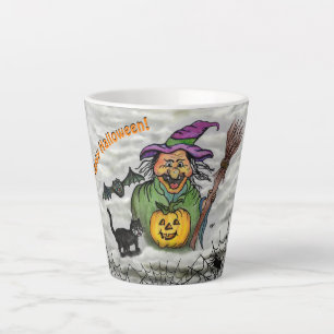 Hexe, Katze, Bat und Kürbis, glückliches Halloween Milchtasse