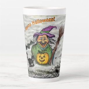 Hexe, Katze, Bat und Kürbis, glückliches Halloween Milchtasse