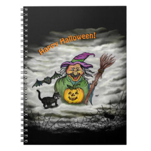 Hexe, Katze, Bat und Kürbis, glückliches Halloween Notizblock