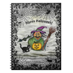 Hexe, Katze, Bat und Kürbis, glückliches Halloween Notizblock