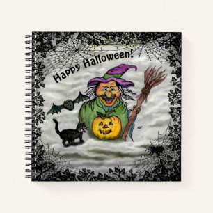 Hexe, Katze, Bat und Kürbis, glückliches Halloween Notizbuch