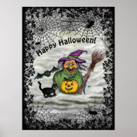 Hexe, Katze, Bat und Kürbis, glückliches Halloween